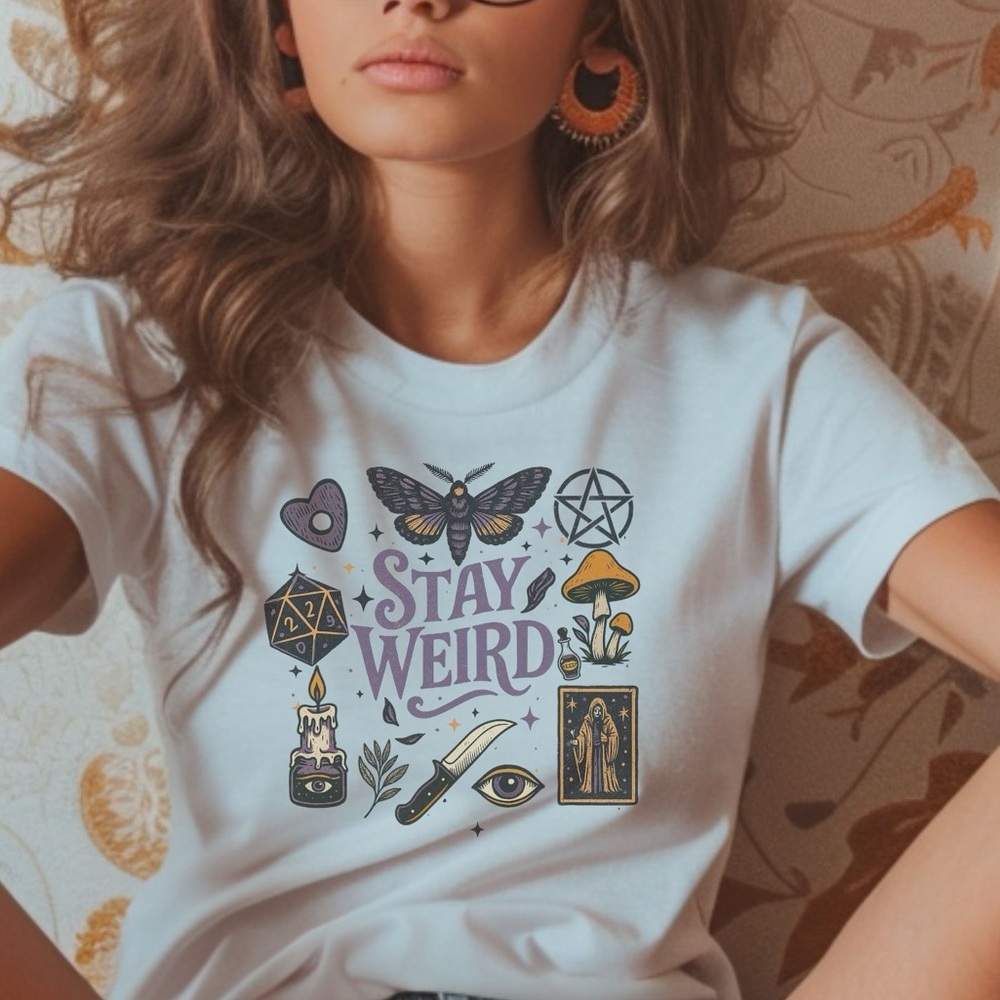 Stay Weird Graphic T-Shirt Halloween Occult Supernatural Elements Tee Fall Top